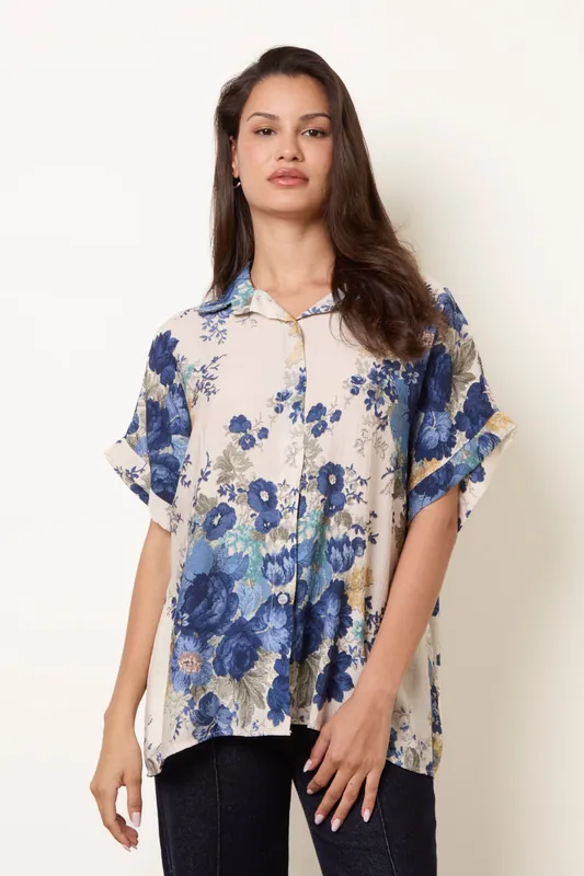 Navy Floral Button Front Shirt - Blue Vanilla