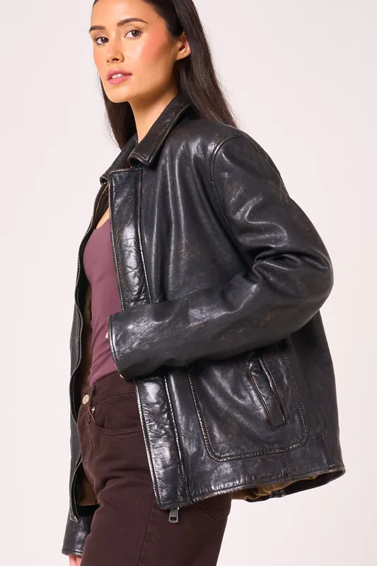 Vintage Washed Real Leather Oversized Jacket - Barneys Originals