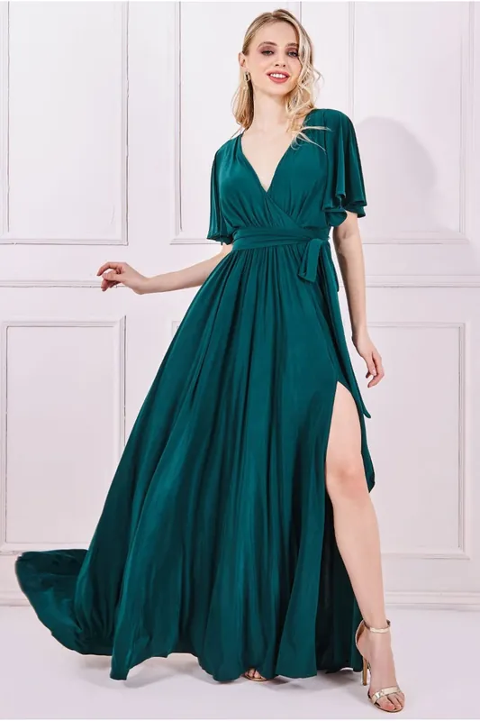 Wrap Front Maxi With Flutter Sleeves - Goddiva
