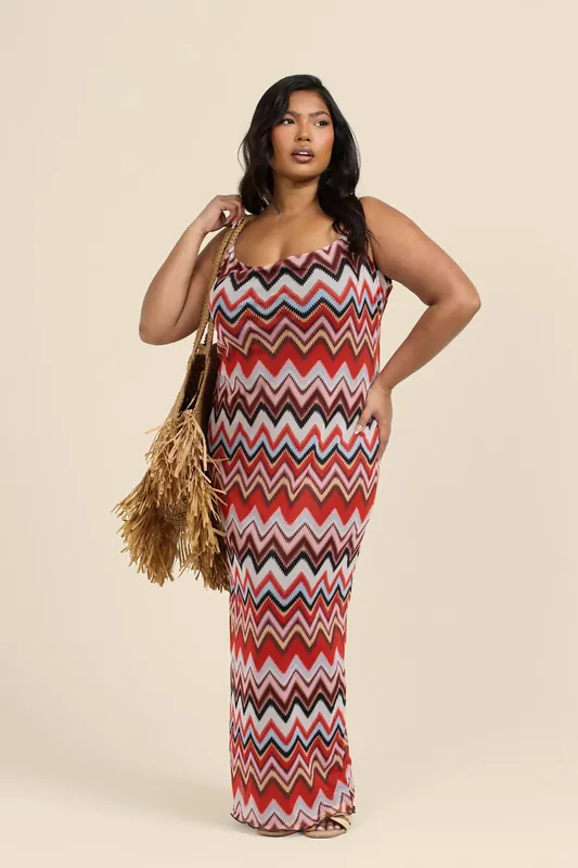 Curve Strappy Mesh Maxi Dress in Zig Zag Print - FASHION-SZN