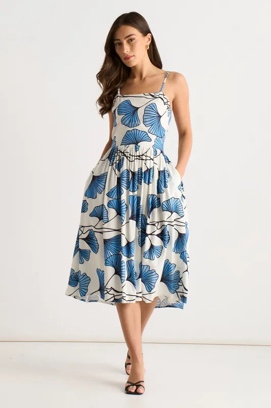 Blue Floral Linen Mix Cami Dress - Gini London