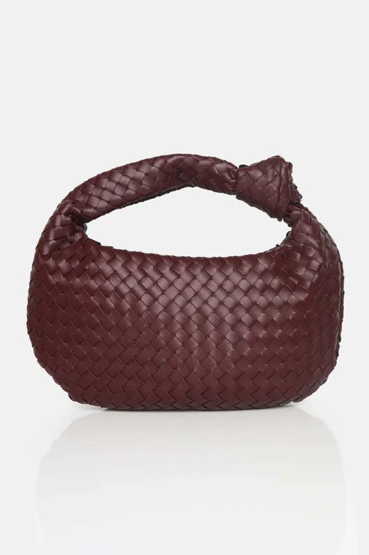 The Blame Burgundy Woven PU Knot Detail Mini Grab Bag - Public Desire