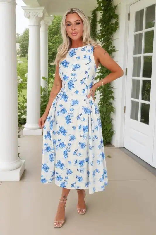 Blue And Cream Floral Print Pleated Hip Midi Dress - AX Paris