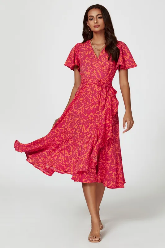 Abstract Print Midi Wrap Dress In Fuchsia - FS Collection
