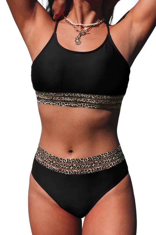 Black Rose Leopard Mesh Trim 2pcs Bikini Swimsuit - Everyday The Label