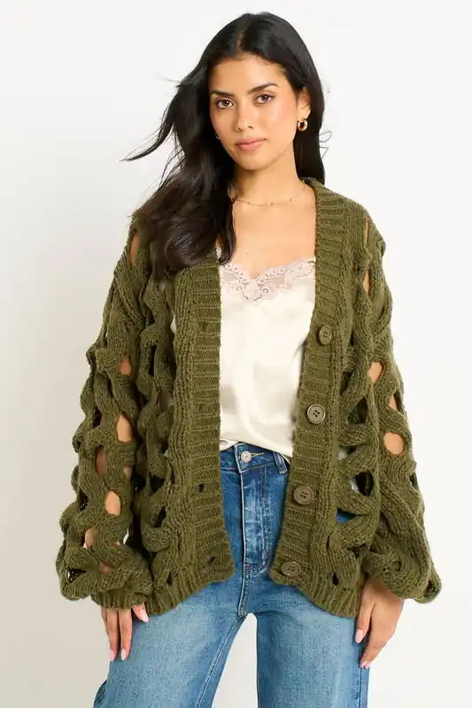 Khaki Hollow Chunky Knit Cardigan - Gini London