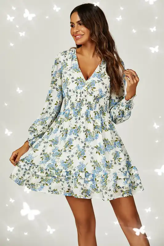 Floral Print ruffle Hem long sleeve Mini Dress In White - FS Collection