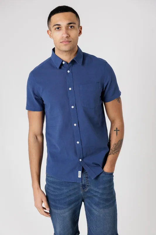 Linen Blend Short Sleeve Button-Up Shirt with Chest Pocket