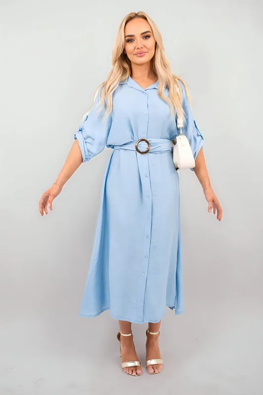 Priscilla Belted Button Down Roll Tab Sleeve Midi Dress - IKRUSH