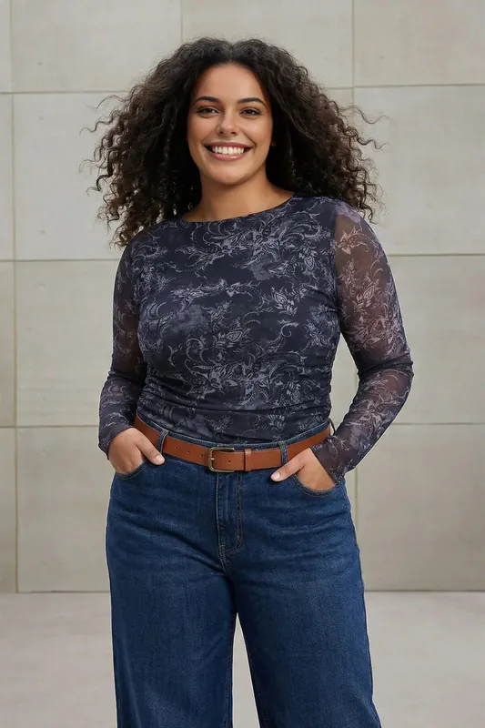 Printed Mesh Long Sleeve Fitted Top - WOVCOR