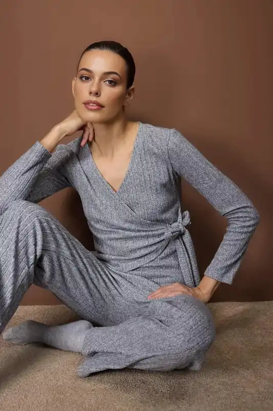 Wrap Tie V Neck Long Sleeve Ribbed Knit Wide Leg Loungewear Set - WOVCOR