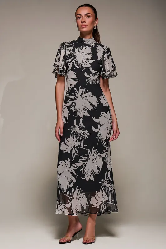 High Neck Angel Sleeve Chiffon Maxi Dres - Jolie Moi