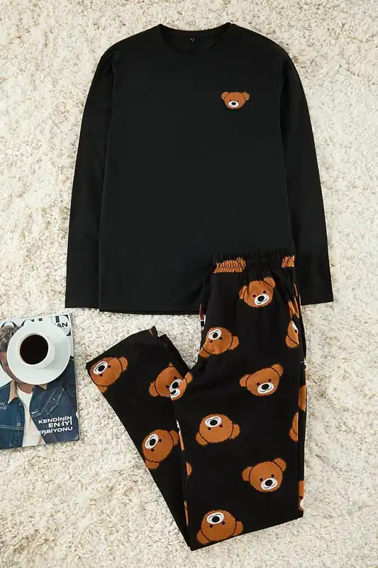 2 Piece Regular Fit Teddy Bear Print Knit Pajama Set - WOVCOR