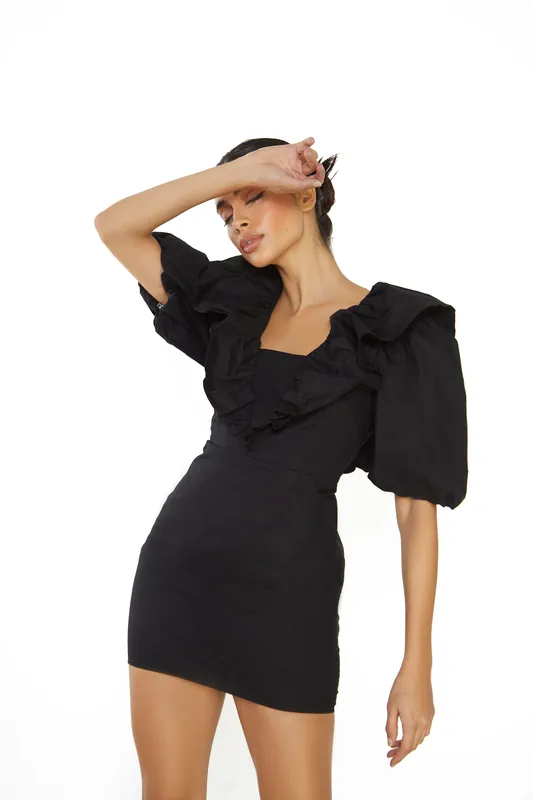 Ruffle Puff Shoulder Mini Dress - Shnoo