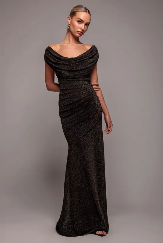 Sparkle Lurex Cowl Neck Off The Shoulder Maxi Dress - Goddiva