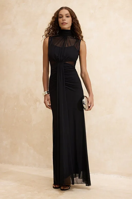 Mesh Panel High Neck Draped Maxi Evening Dress - WOVCOR