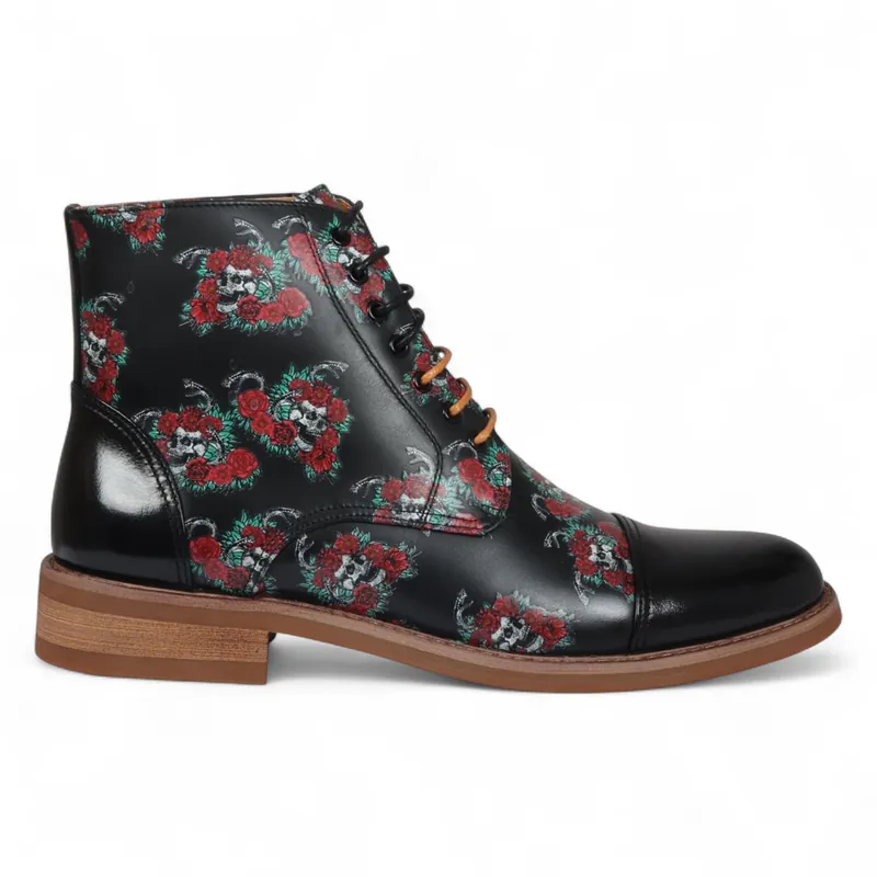 Floral Skull Print Leather Oxford Ankle Boots - Adam Skull