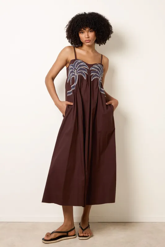Brown Palm Tree Embroidery Smock Dress - Blue Vanilla