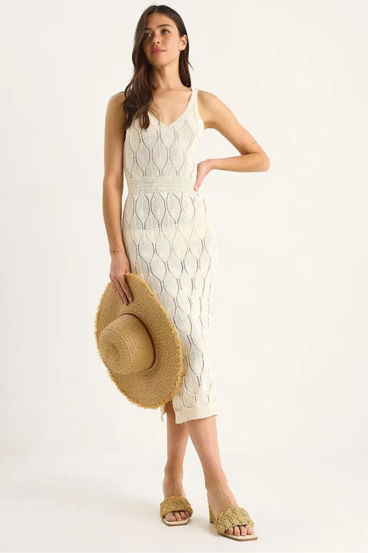 Textured V-Neck Midi Knit Dress
