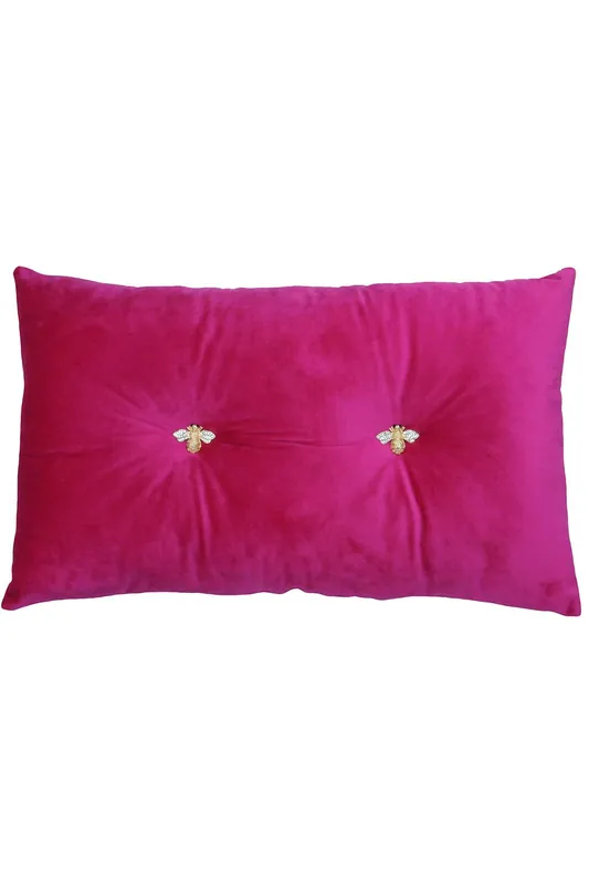 Bumble Bee Embroidered Buttoned Velvet Ready Filled Cushion - Paoletti