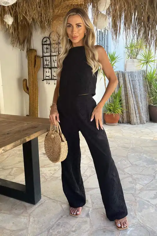 Black Broderie Wide Leg Trousers - AX Paris