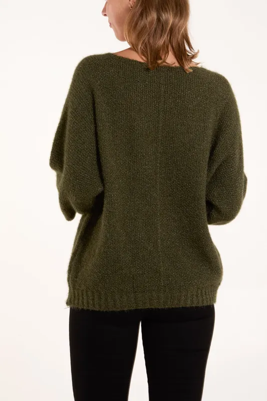 Khaki Fluffy Textured V Neck Jumper - Blue Vanilla