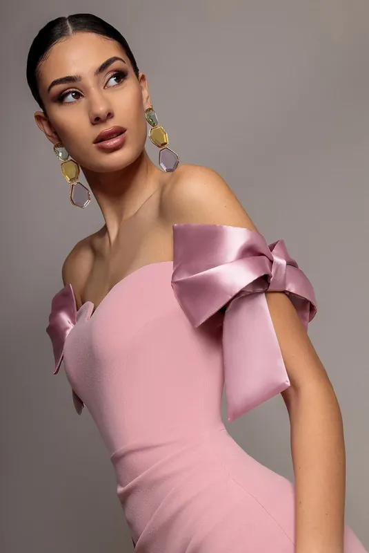 Satin Bow Bardot Sheath Maxi Dress - Goddiva