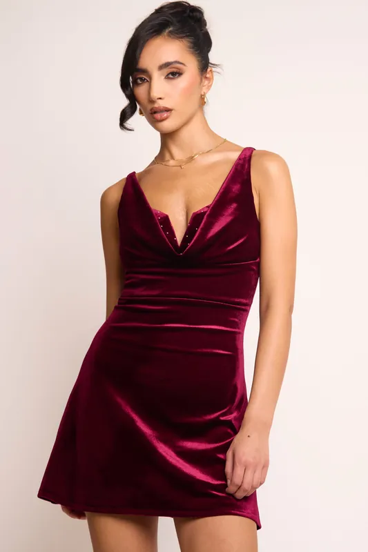 Kelsy Burgundy Velvet Cowl A Line Mini Dress - Gold Stud Detail