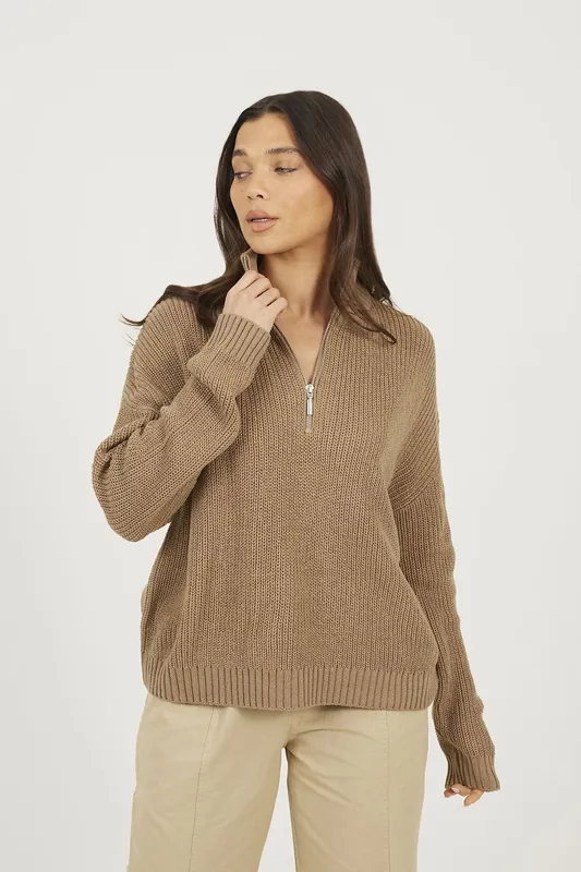 Half Zip Funnel Neck Fisherman Knit Jumper - Brave Soul
