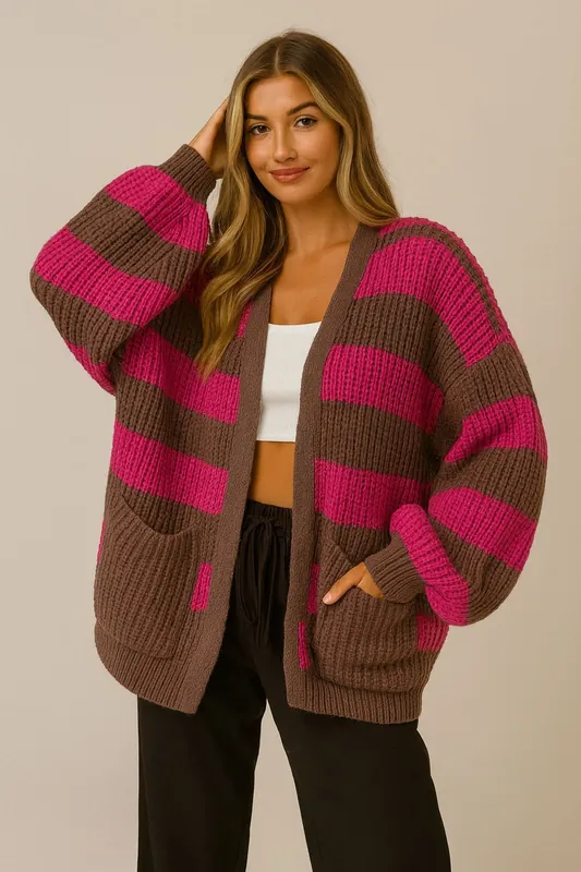 Balloon Sleeve Striped Open Knit Cardigan - STYLEWISE