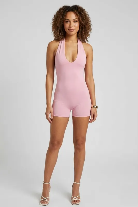Open Back Halter Plunge Neckline Playsuit - STYLEWISE