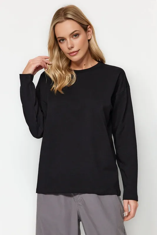 Basic Long Sleeve Crew Neck Cotton T-Shirt