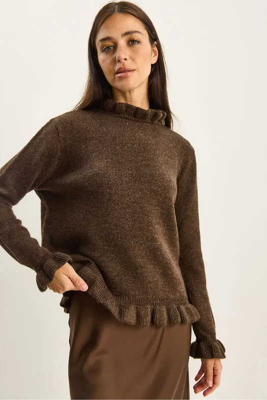 Frilly Half Turtleneck Buttoned Knit Sweater - Bianco Lucci