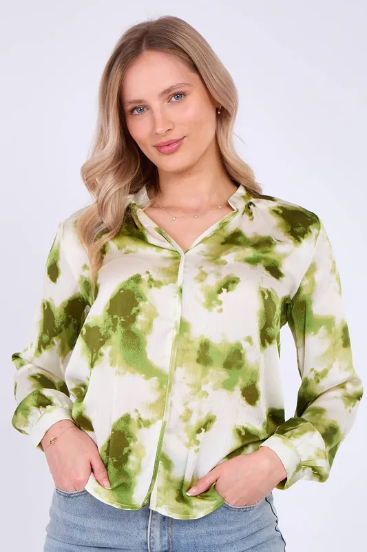 Green Watercolour Print Satin Blouse - Love Sunshine