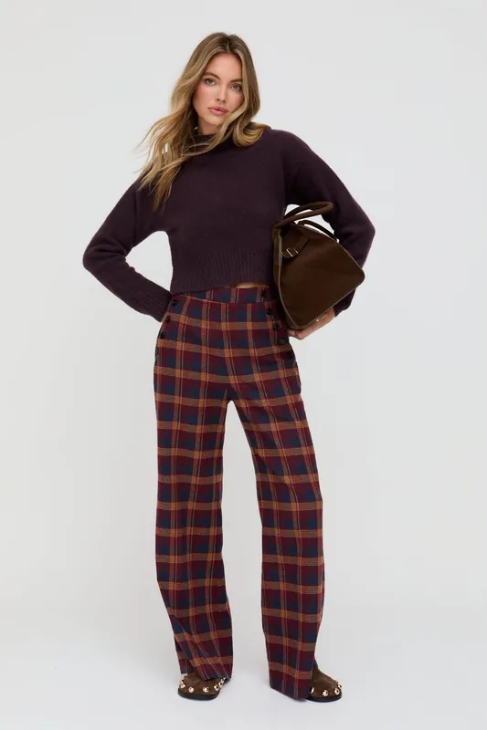 Damson High Waisted Tartan Print Trouser In Burgundy - Lily and Lionel