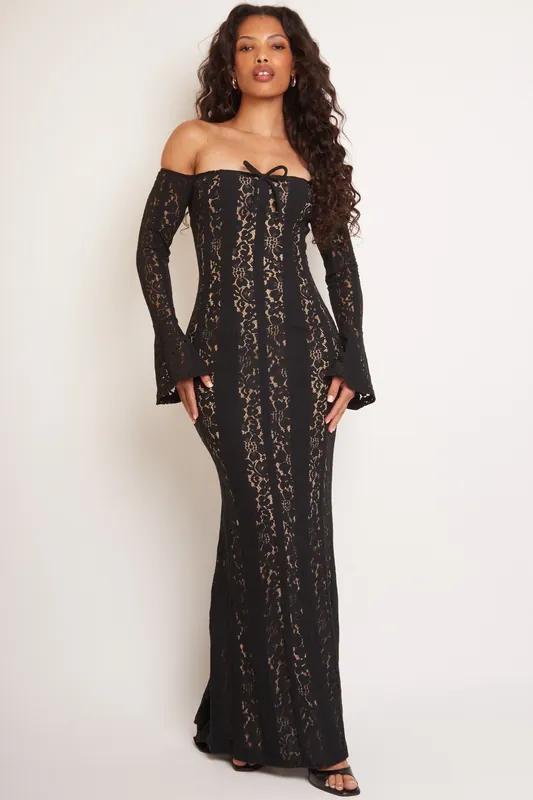 Bretty Black Lace Off Shoulder Floral Maxi Dress - Jaded Rose