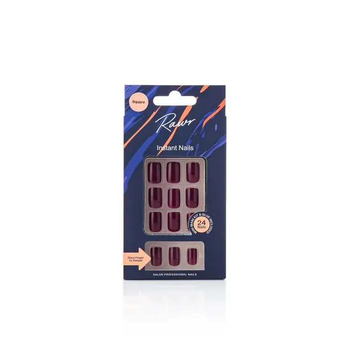 Rawr Stick On Nails Glossy Maroon Square - Rawr Beauty