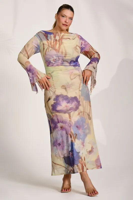 Long Sleeve Slash Neck Mesh Maxi Dress - Jolie Moi