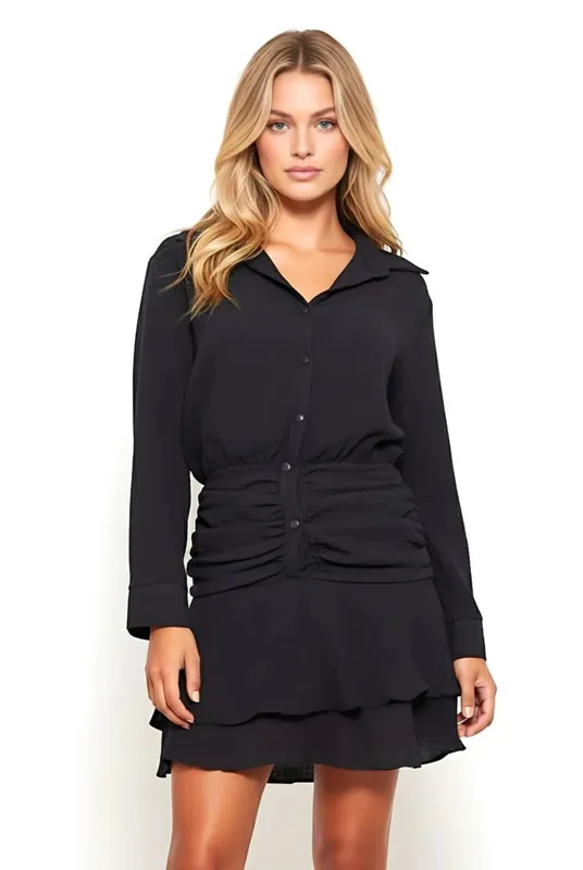 Black Collared Long Sleeve Button Up Frill Mini Dress - AVINCI