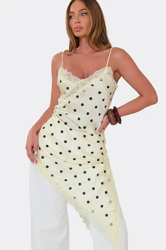 Strappy Straight Neck Lace Trim Polka Dot Top - EGO