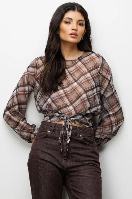 Plaid Crop Blouse with Tie Detail - MixRay