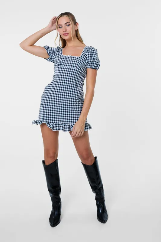 Black Gingham Puff Sleeve Mini Dress - Pink Vanilla