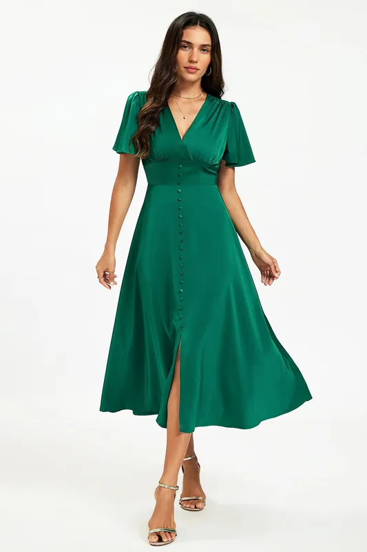 Satin V neckline Button Detail Dress In Green - FS Collection