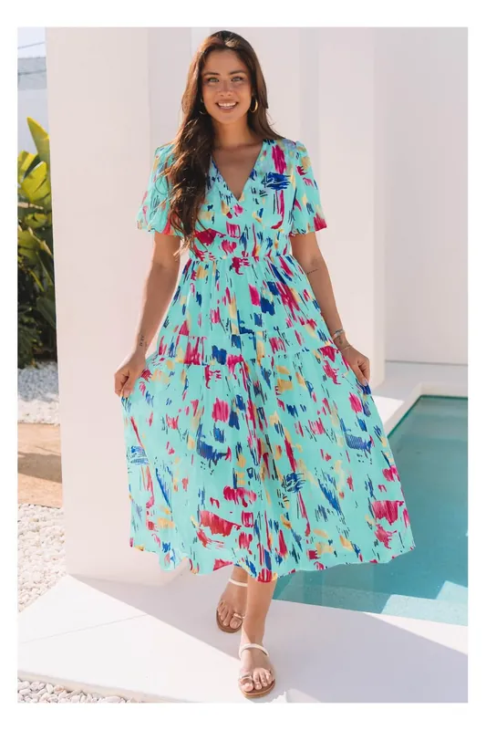 Sky Blue Abstract Print Short Puff Sleeve Tiered Maxi Dress - Everyday The Label