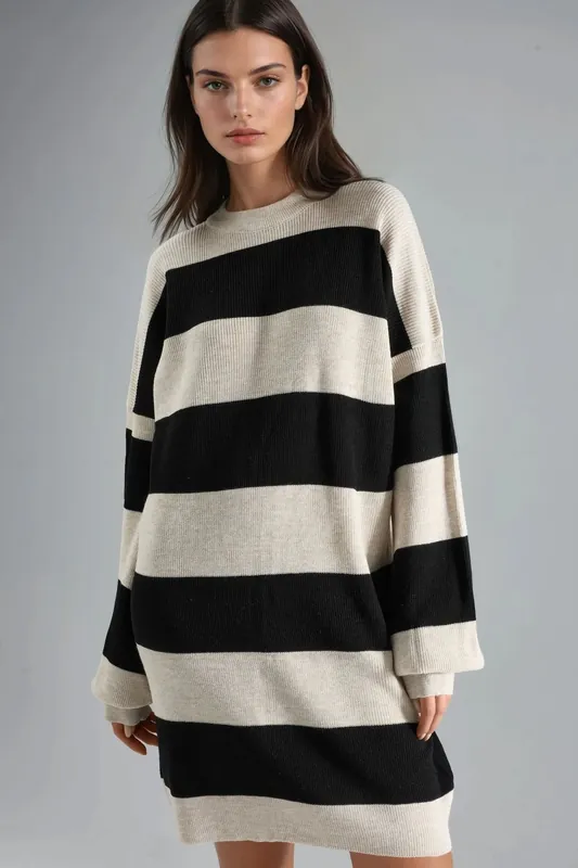 Striped Mini Dress with Crew Neck - MyFashion