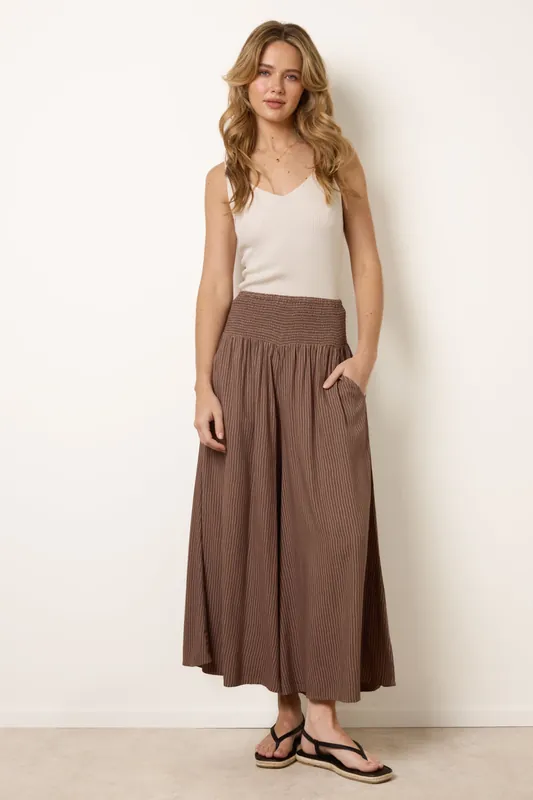 Light Brown Wide Leg Shirred Waist Wavy Trousers - Blue Vanilla