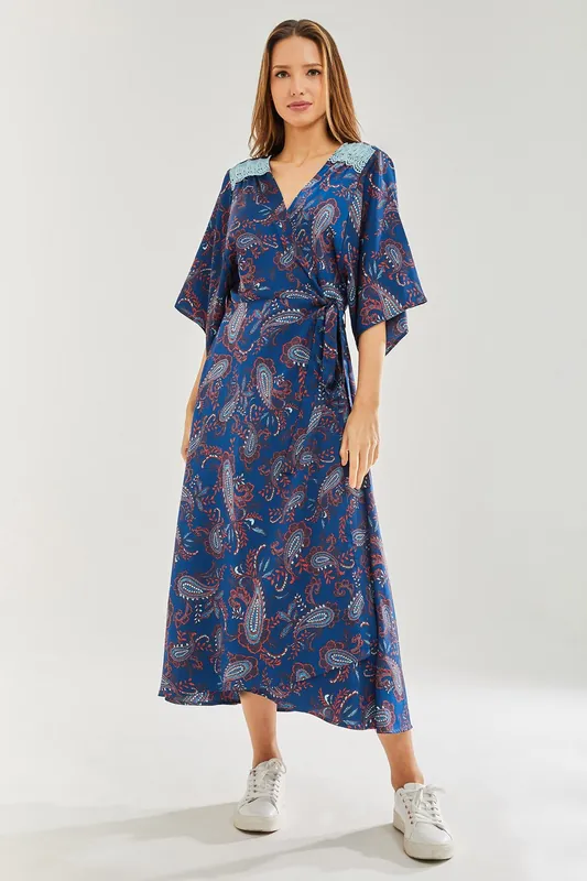 Navy Based Floral Print Maxi Wrap Dress with Blue Lace Details - Liquorish