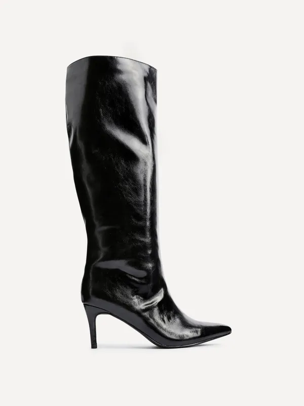 Onyx Black High Shine Pointed Toe High Leg Heeled Boots - Linzi