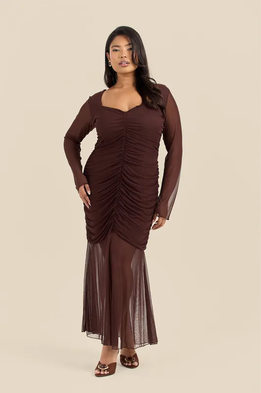 Curve Ruched Body Mesh Drop Hem Maxi Dress - FASHION-SZN