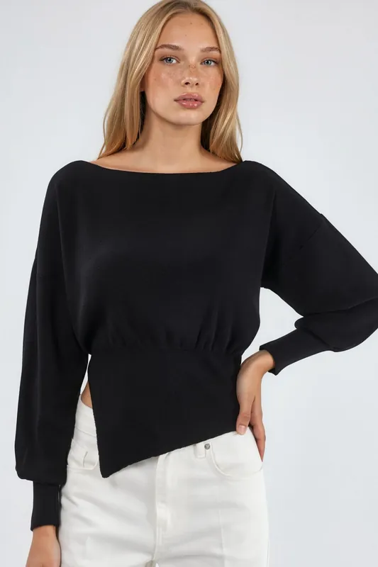 Mercerized Look Boat Neck Knit Sweater with Slit Detail - Hiccup